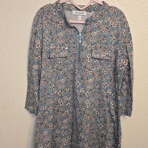 Blue Floral Zip-Up Blouse